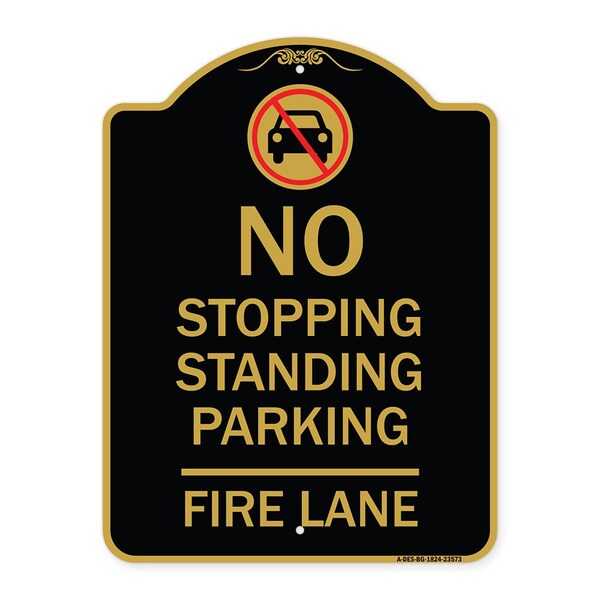No Stopping Standing Fire Lane W/ Graphic, Black & Gold Aluminum Sign, 18" x 24", BG-1824-23573